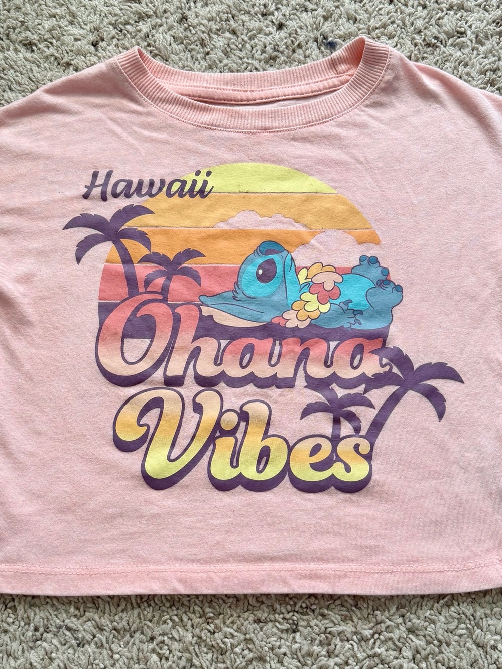 Disney Pink Tee with Blue Stitch and Tropical Graphic